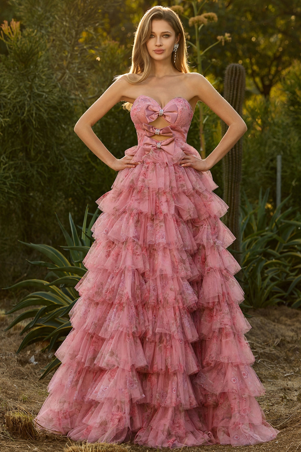Black Floral Tiered Sweetheart Tulle Long Prom Dress with Bows
