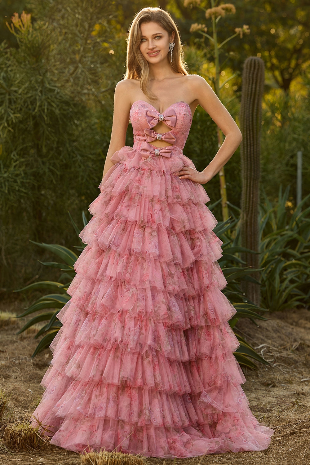 Floral Black Tiered Tulle Sweetheart Long Prom Dress with Bows