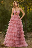 Floral Black Tiered Tulle Sweetheart Long Prom Dress with Bows