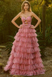 Floral Black Tiered Tulle Sweetheart Long Prom Dress with Bows