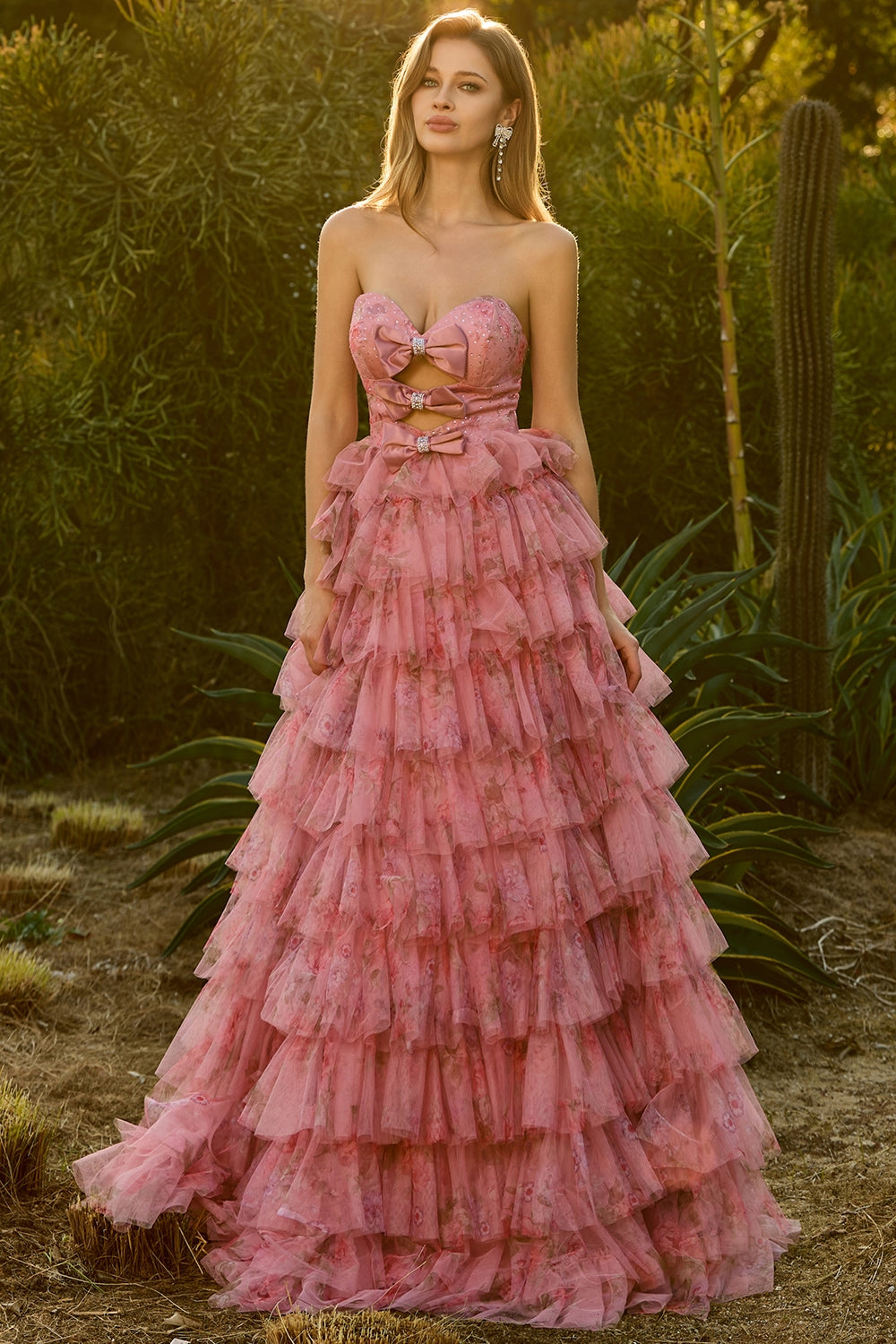 Floral Black Tiered Tulle Sweetheart Long Prom Dress with Bows