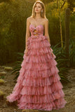 Floral Black Tiered Tulle Sweetheart Long Prom Dress with Bows