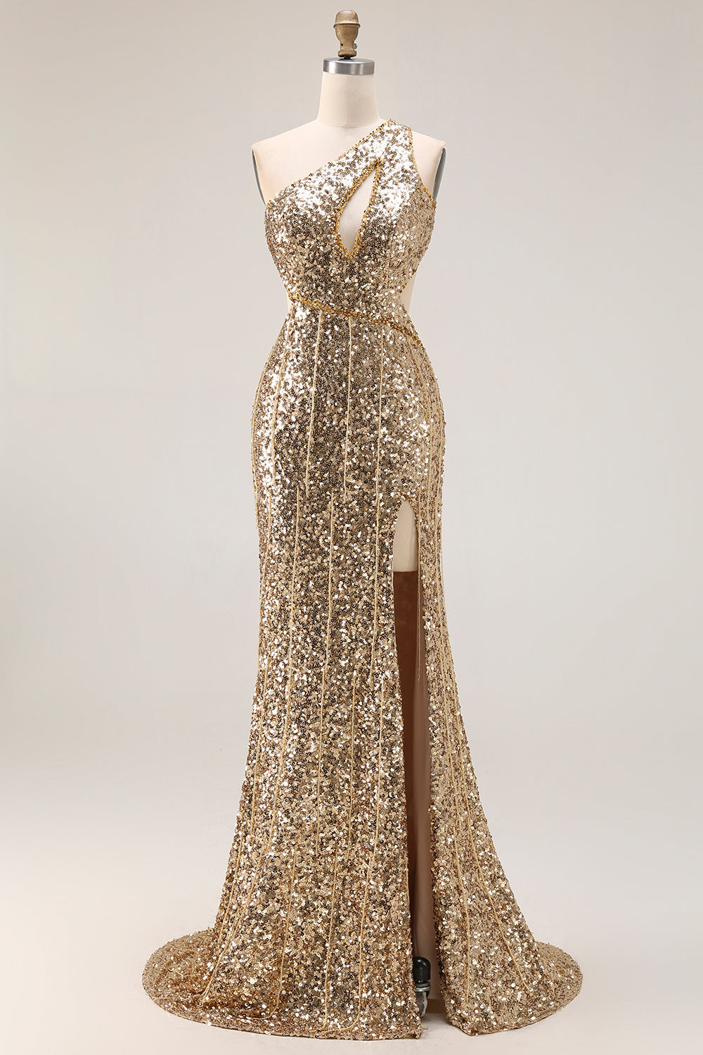 Sparkly Gold Sequins One Shoulder Mermaid Long Prom Dress with Slit