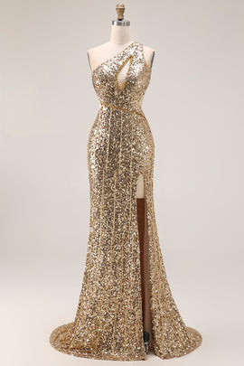 Sparkly Gold Sequins One Shoulder Mermaid Long Prom Dress with Slit