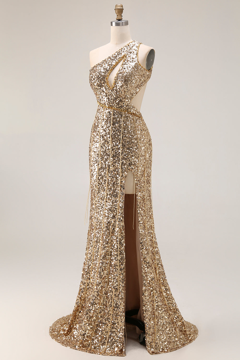 Sparkly Gold Sequins One Shoulder Mermaid Long Prom Dress with Slit