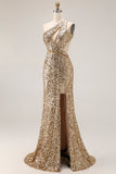 Sparkly Gold Sequins One Shoulder Mermaid Long Prom Dress with Slit
