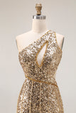 Sparkly Gold Sequins One Shoulder Mermaid Long Prom Dress with Slit