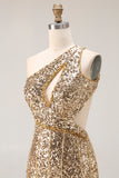 Sparkly Gold Sequins One Shoulder Mermaid Long Prom Dress with Slit