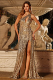 Sparkly Gold One Shoulder Sequins Long Prom Dress with Slit