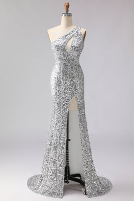 Sparkly Silver Sequins Mermaid Long Prom Dress with Slit