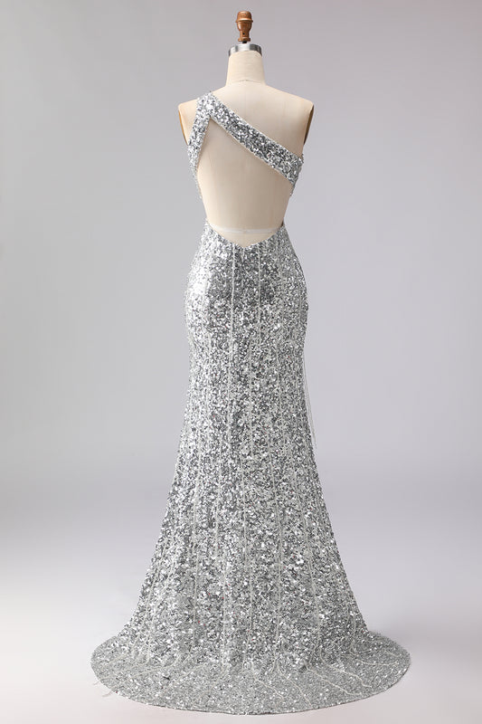 Sparkly Silver Sequins Mermaid Long Prom Dress with Slit