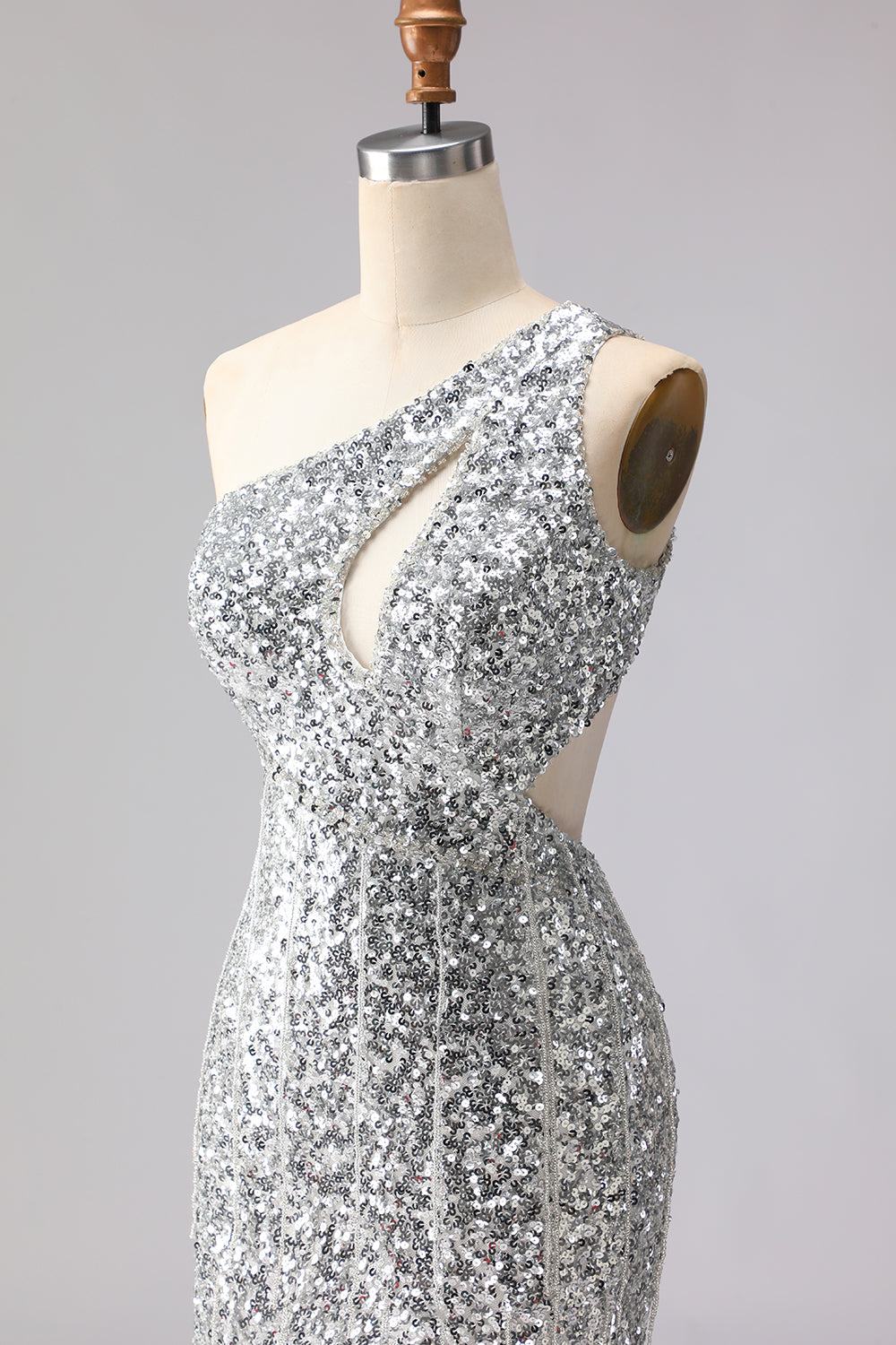 Sparkly Gold Sequins One Shoulder Mermaid Long Prom Dress with Slit