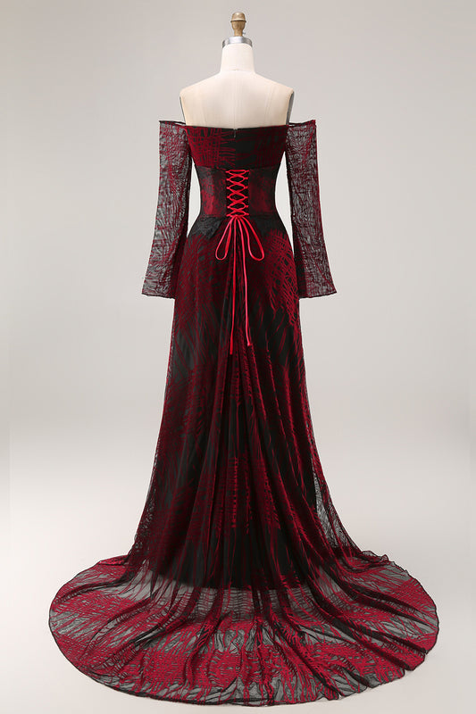 Black and Red A Line Off the Shoulder Long Prom Dress with Lace