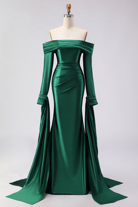 Dark Green Mermaid Off the Shoulder Long Prom Dress with Sleeves