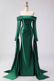 Dark Green Mermaid Off the Shoulder Long Prom Dress with Sleeves