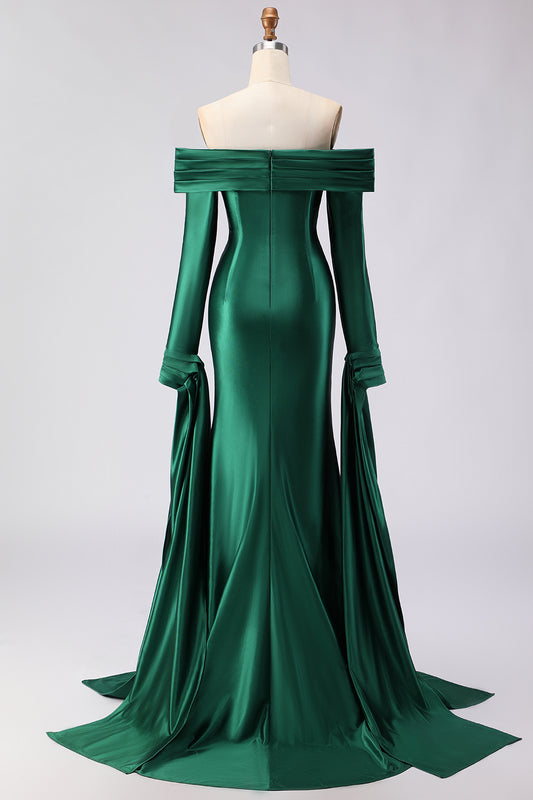 Dark Green Mermaid Off the Shoulder Long Prom Dress with Sleeves