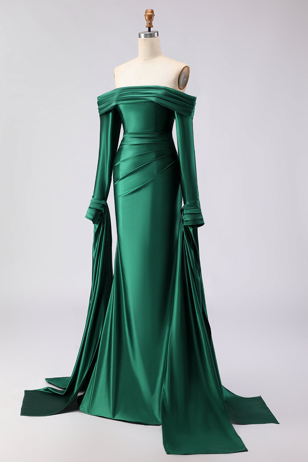 Dark Green Mermaid Off the Shoulder Long Prom Dress with Sleeves