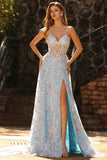 Sparkly Floral Blue A Line Beaded Long Corset Prom Dress with Slit