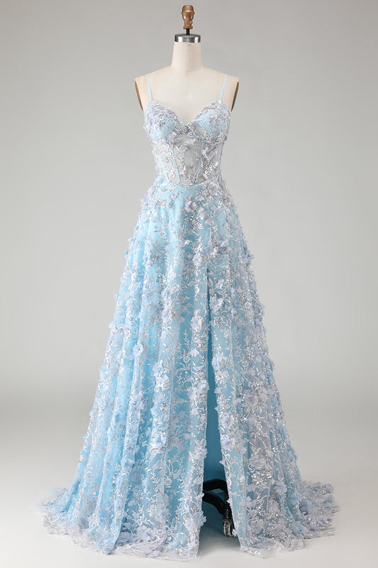 Sparkly Floral Blue A Line Beaded Long Corset Prom Dress with Slit