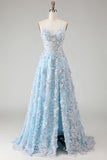 Sparkly Floral Blue A Line Beaded Long Corset Prom Dress with Slit