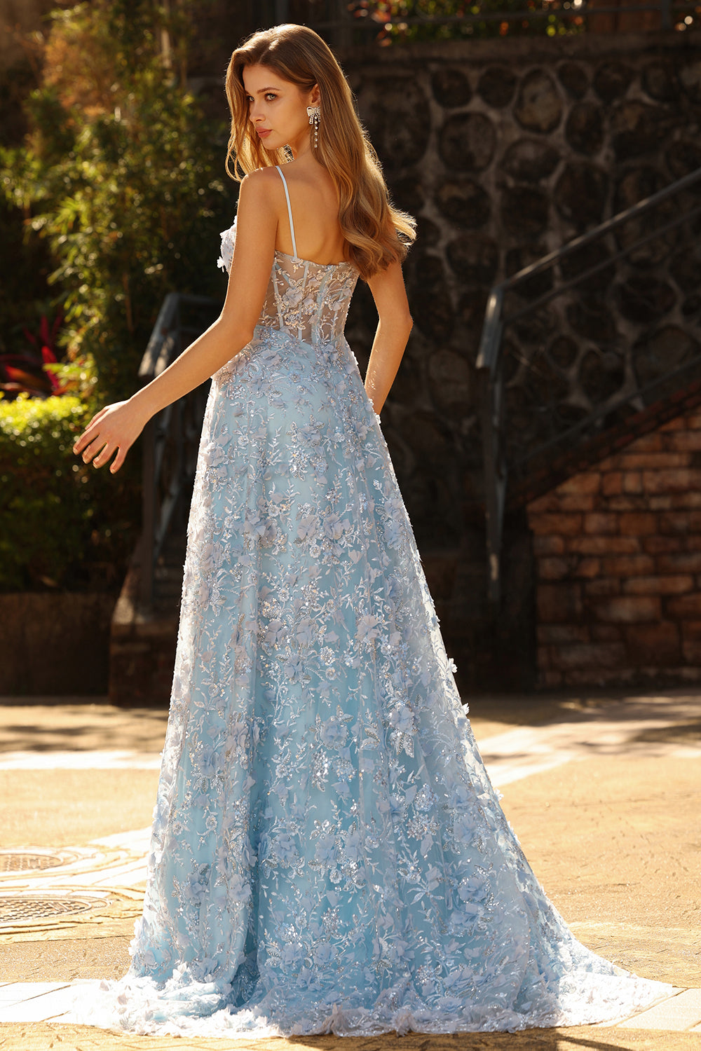 Sparkly Floral Blue A Line Beaded Long Corset Prom Dress with Slit