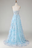 Sparkly Floral Blue A Line Beaded Long Corset Prom Dress with Slit
