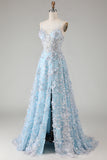 Sparkly Floral Blue A Line Beaded Long Corset Prom Dress with Slit