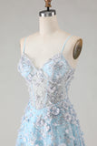 Sparkly Floral Blue A Line Beaded Long Corset Prom Dress with Slit