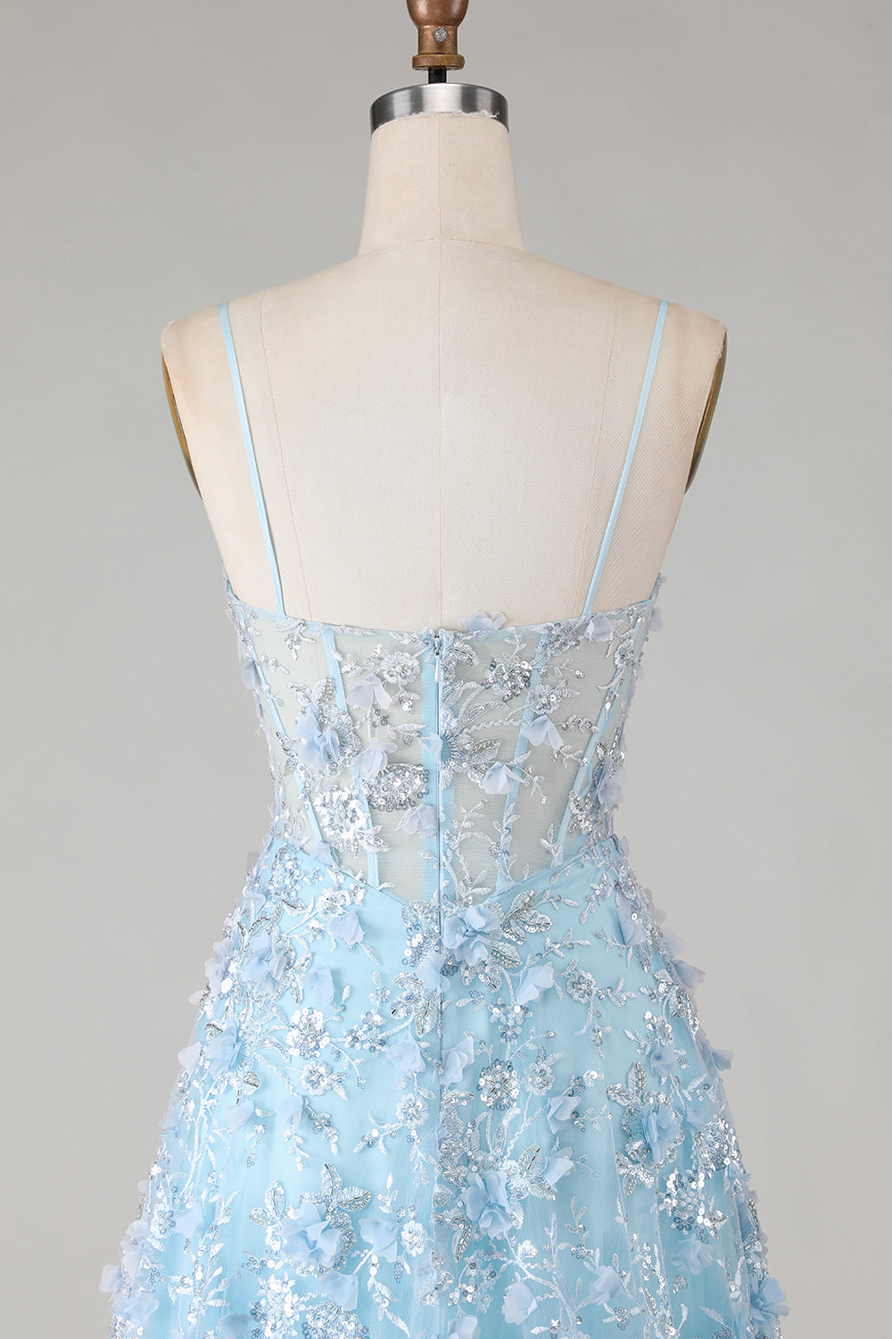 Sparkly Floral Blue A Line Beaded Long Corset Prom Dress with Slit