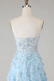 Sparkly Floral Blue A Line Beaded Long Corset Prom Dress with Slit