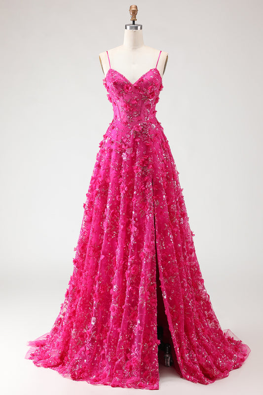 Sparkly Fuchsia Beaded Floral A-Line Long Corset Prom Dress with Slit