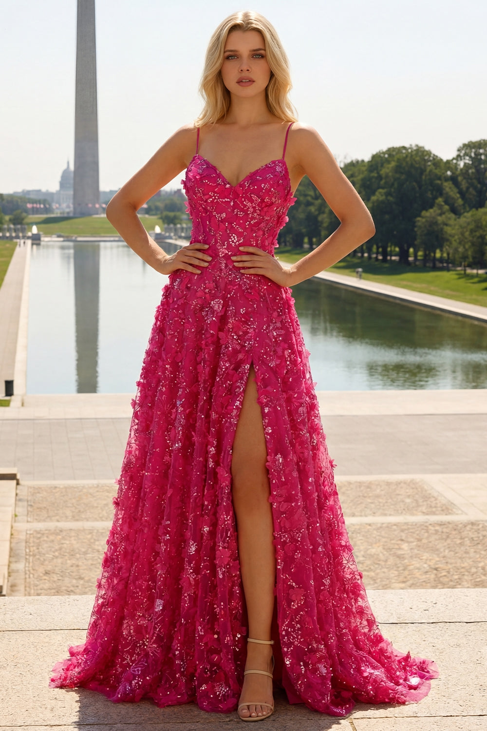 Sparkly Fuchsia Beaded Floral A-Line Long Corset Prom Dress with Slit