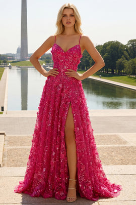Sparkly Fuchsia Beaded Floral A-Line Long Corset Prom Dress with Slit