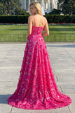 Sparkly Fuchsia Beaded Floral A-Line Long Corset Prom Dress with Slit