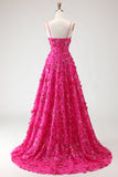 Sparkly Fuchsia Beaded Floral A-Line Long Corset Prom Dress with Slit