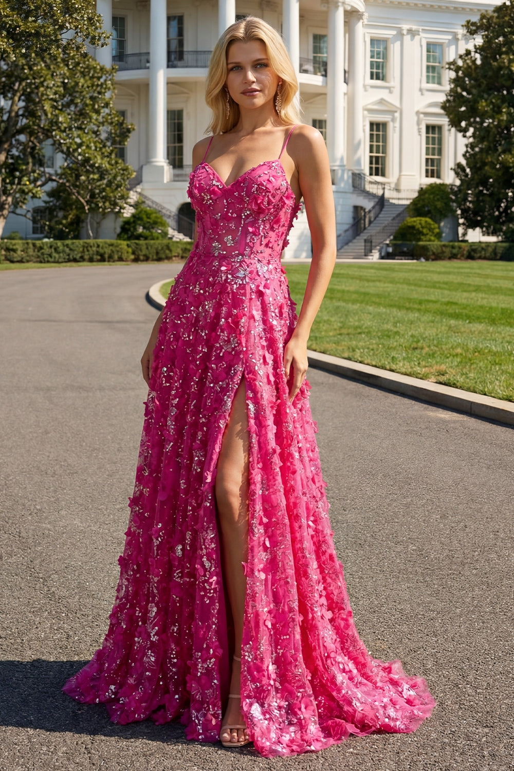 Sparkly Fuchsia Beaded Floral A-Line Long Corset Prom Dress with Slit