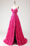 Sparkly Fuchsia Beaded Floral A-Line Long Corset Prom Dress with Slit