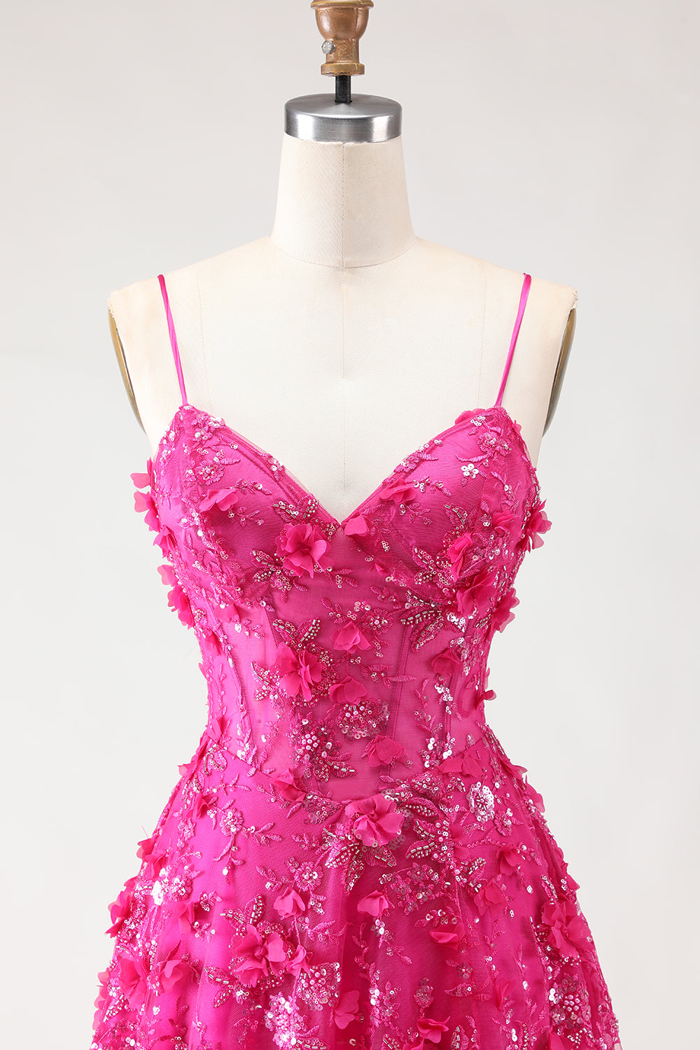 Sparkly Fuchsia Beaded Floral A-Line Long Corset Prom Dress with Slit
