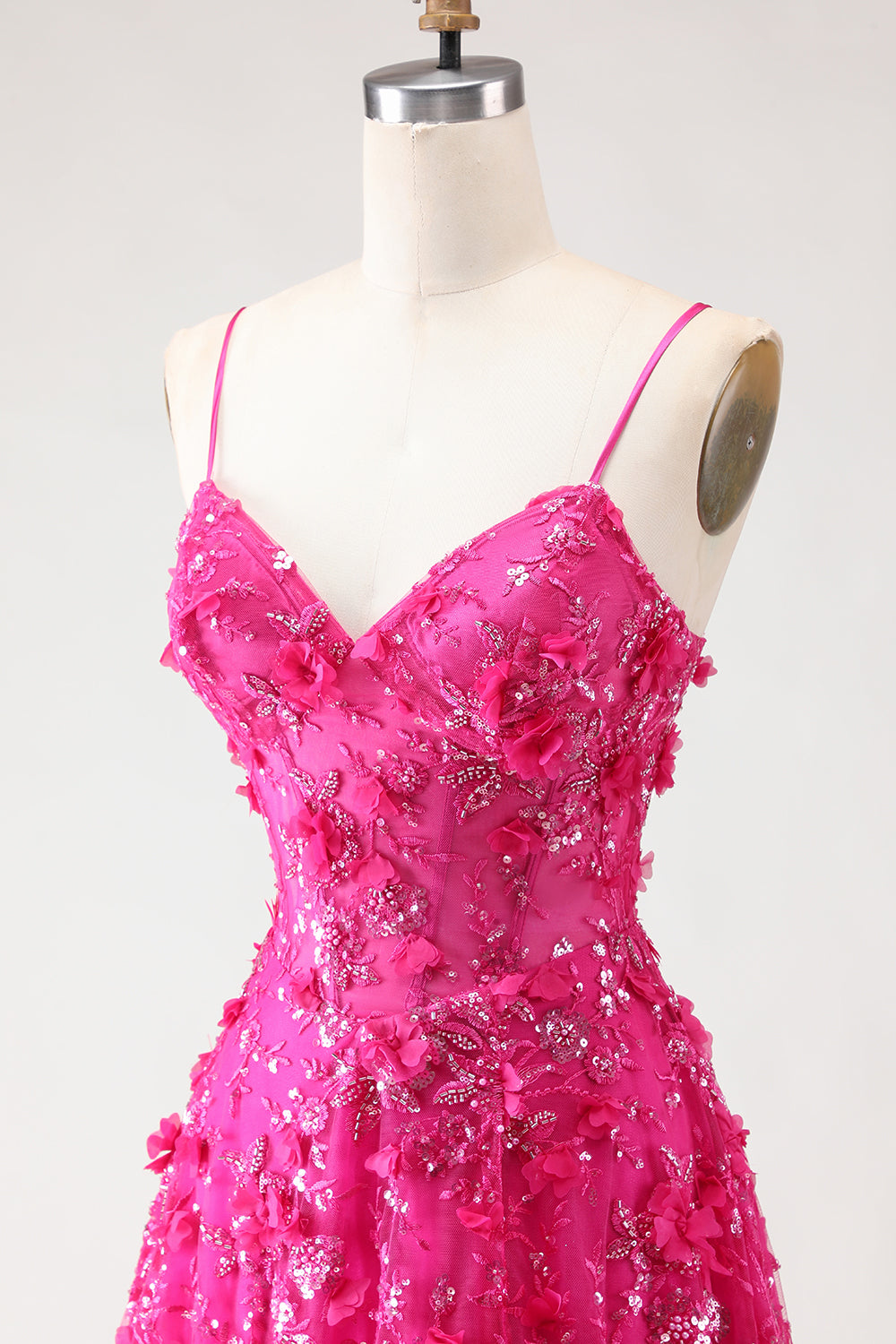 Sparkly Fuchsia Beaded Floral A-Line Long Corset Prom Dress with Slit