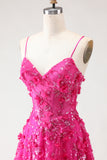 Sparkly Fuchsia Beaded Floral A-Line Long Corset Prom Dress with Slit