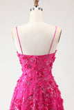Sparkly Fuchsia Beaded Floral A-Line Long Corset Prom Dress with Slit