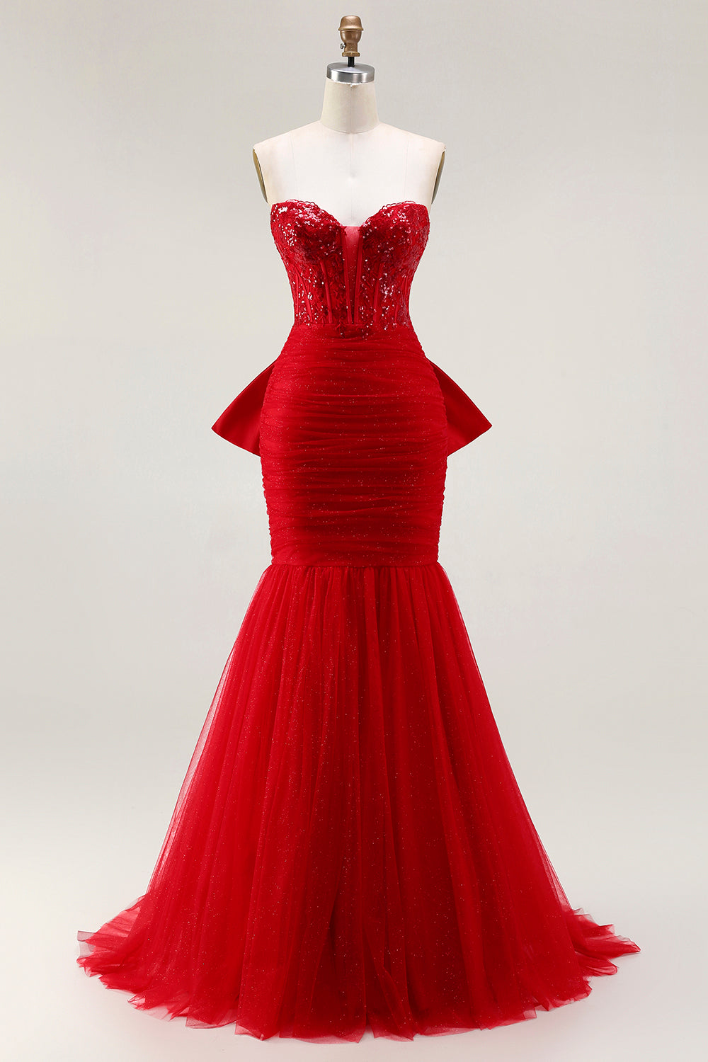 Sparkly Red Mermaid Tulle Long Corset Prom Dress with Bow