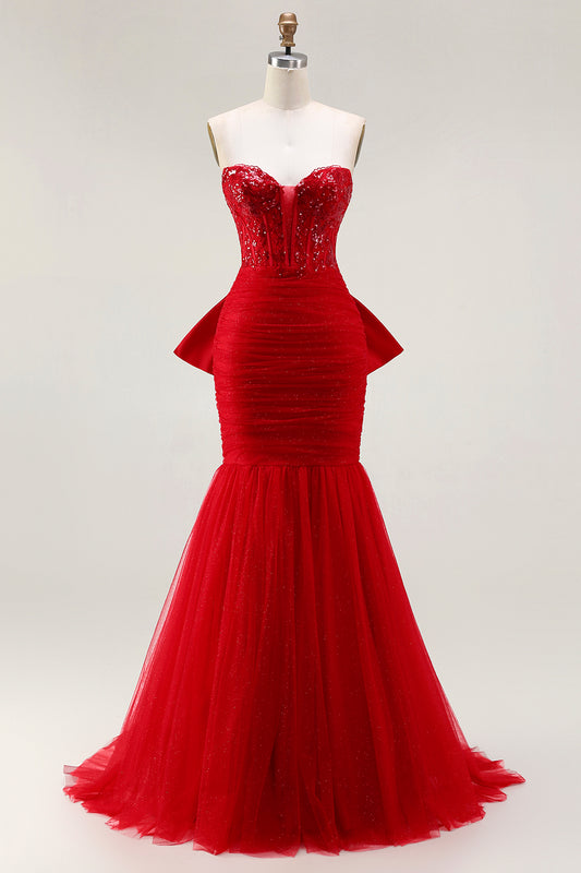 Sparkly Red Mermaid Tulle Long Corset Prom Dress with Bow