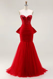 Sparkly Red Mermaid Tulle Long Corset Prom Dress with Bow