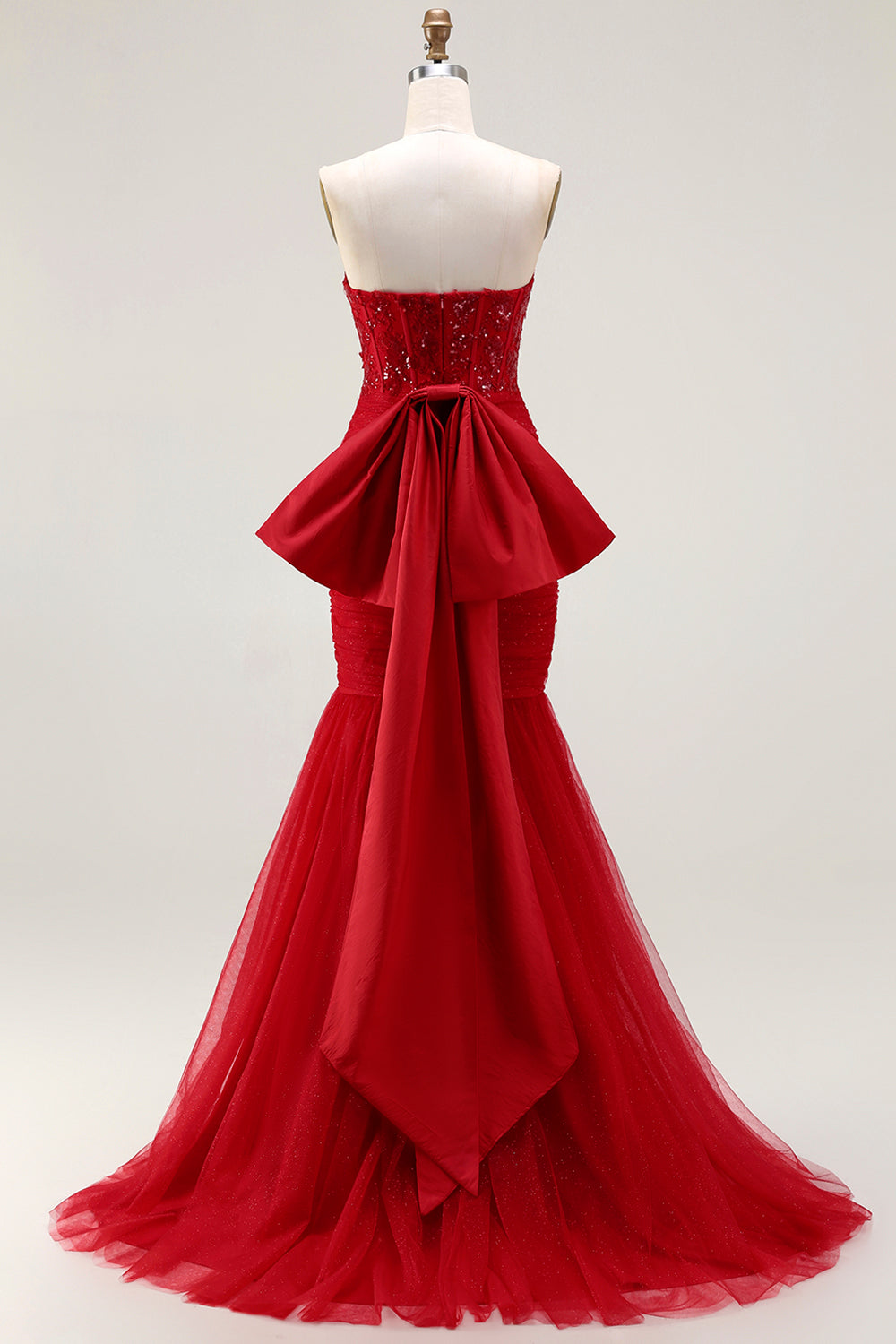 Sparkly Red Mermaid Tulle Long Corset Prom Dress with Bow