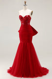 Sparkly Red Mermaid Tulle Long Corset Prom Dress with Bow