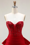 Sparkly Red Mermaid Tulle Long Corset Prom Dress with Bow