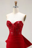 Sparkly Red Mermaid Tulle Long Corset Prom Dress with Bow