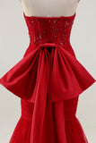 Sparkly Red Mermaid Tulle Long Corset Prom Dress with Bow