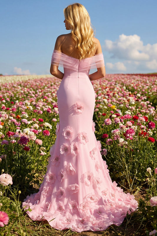 Sparkly Pink Floral Mermaid Off the Shoulder Long Prom Dress with 3D Flowers